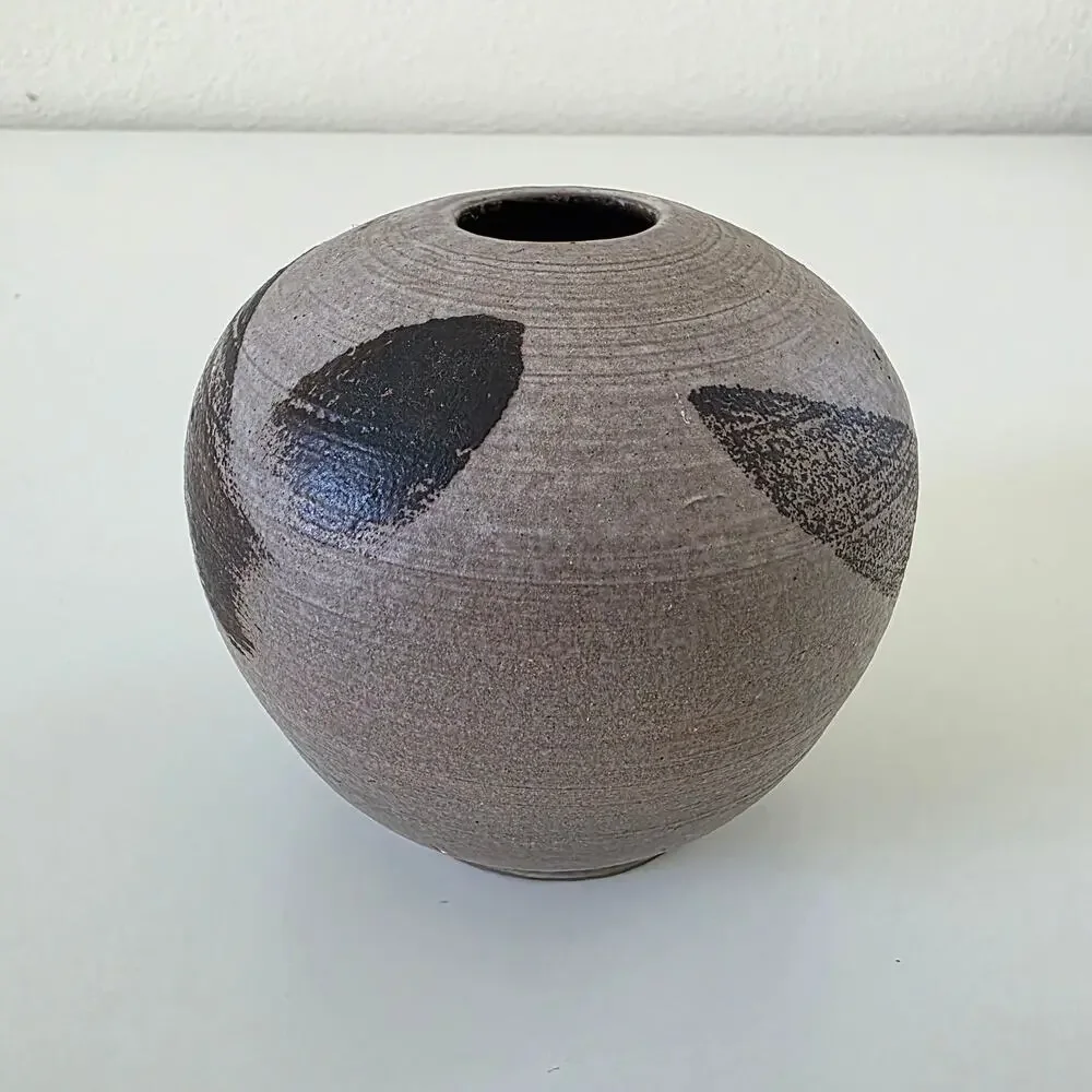 Vintage Studio Pottery Modernist Vase Round Brown Black Brushstroke Design